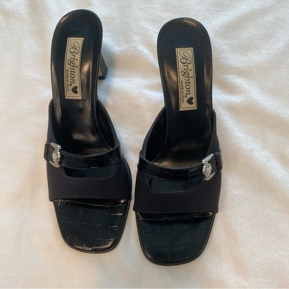 Brighton Renee Black Made In Italy Slide Open Toe Sandal Heels 7.5N - Picture 2 of 11